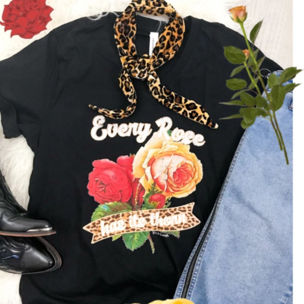 Black V-Neck Graphic Tee "Every Rose has its Thorn
